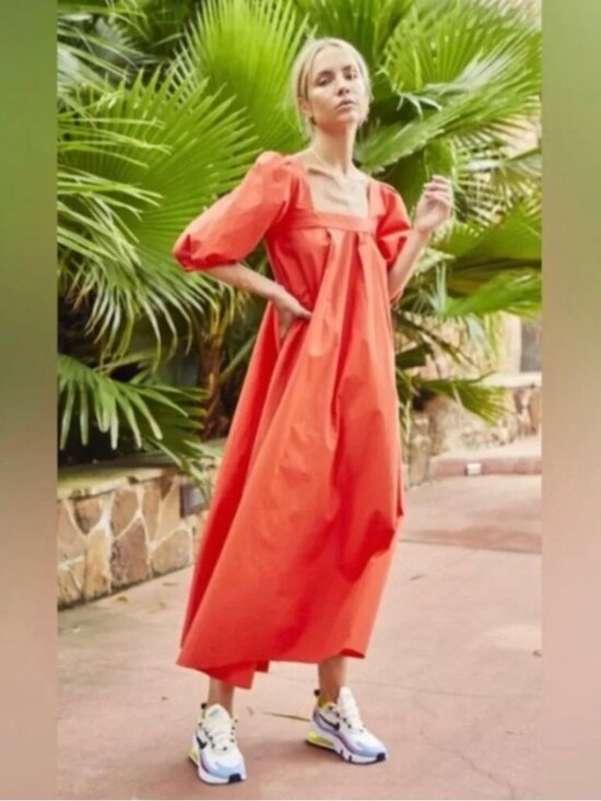HUNTER BELL Dresses & Skirts - Hunter Bell Waverly Midi Dress Womens XL Orange Melon Square Neck Linen Boho